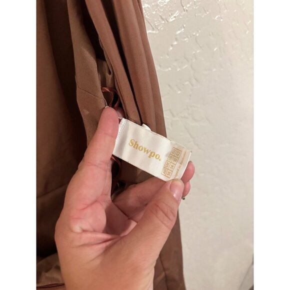 Showpo Bronze Silky One Shoulder Draped Mini Dress - Picture 10 of 12